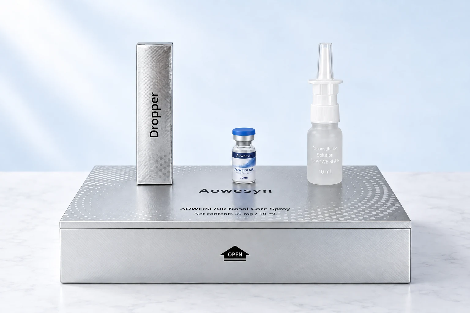AOWEISI silver kit with blue-cap vial, spray bottle and Dropper carton